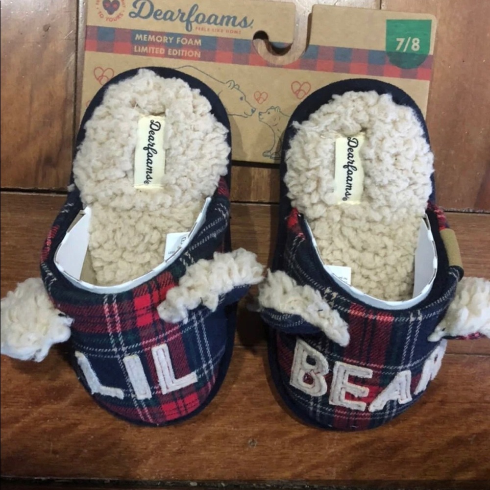 Kid's Dearforms "lil bear" buffalo check scuff slippers navy plaid